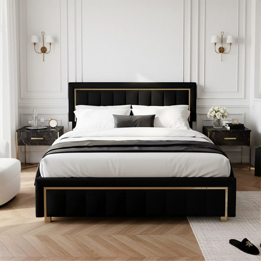 Polsterbett mit Samtbeschichtung und hydraulischem Stauraum in Schwarz mit Golden Edge, B/T: 140 x 200 cm - Bild 2