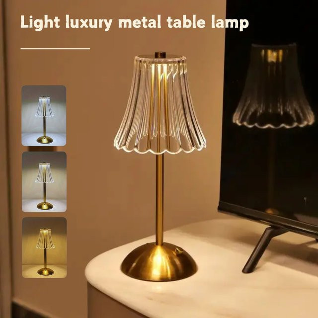 Vintage Kristall-LED-Schreibtischlampe mit USB-Aufladung und Touch-Funktion in Gold/Messing und Transparent, Höhe: 29,5 cm, Durchmesser: 13,0 cm - Bild 1