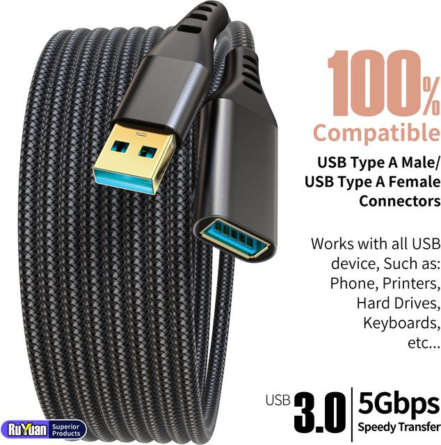 KakuuCa USB 3.0 Verlängerungskabel Stecker-zu-Buchse in Schwarz zum schnellen Laden und Synchronisieren für Tastatur, Maus und Festplatte - Bild 1