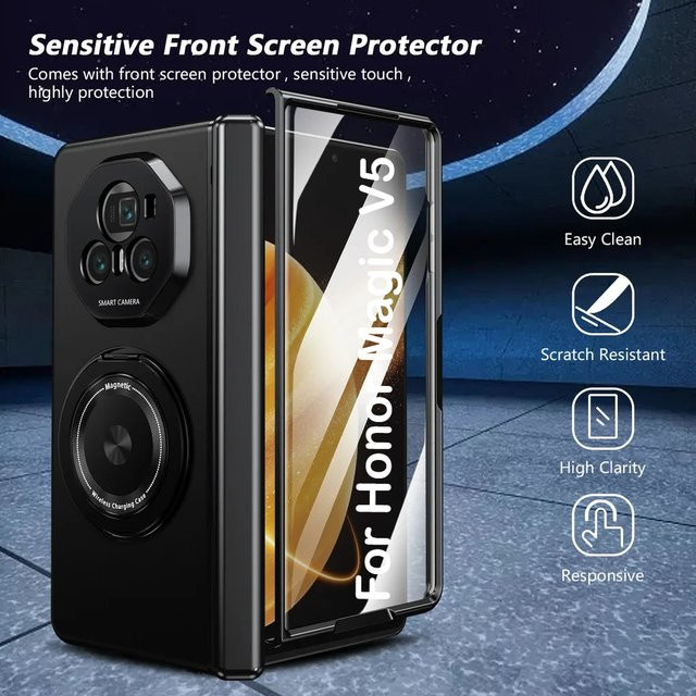 Magnetische Handyhülle für Honor Magic V5 V3 VS3 V2 RSR mit 360 Grad drehbarer Autohalterung und 9H HD gehärtetem Glas in Gold oder Schwarz - Bild 1