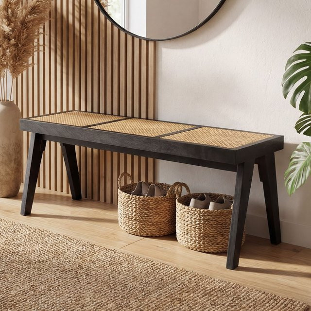 Finebuy Sitzbank aus Massivholz und Rattan im Mid-Century Design, Farbe Schwarz, Breite: 120 cm - Bild 1