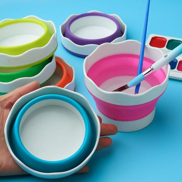 CHENJ Mini Silikon Wasserbecher Faltbar für Aquarell und Acrylmalerei, Mehrfarbig - Bild 1