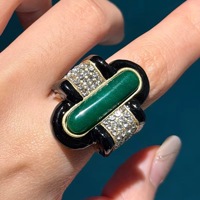 STALAIT Ring, Vintage, Schwarz, Emaille, Grün, Naturstein, Kristall, Damen - Bild 2