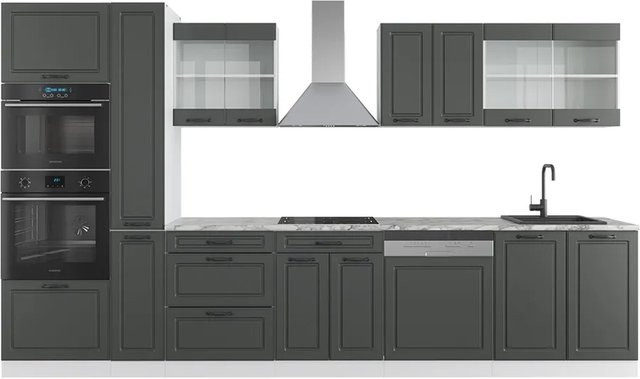 Vicco R-Line Küchenzeile Landhausstil in Anthrazit und Weiß mit Hochschrank und Marmor-Arbeitsplatte, Breite: 350 cm - Bild 1