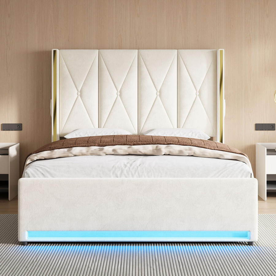 GOMYWAY Home Veloursbett mit gepolstertem Kopfteil, USB-Ladeport, Nachttischregal und Unterbettbeleuchtung, Beige, H x B x T: 141 x 170 x 213 cm, für Matratzen 160 x 200 cm - Bild 2