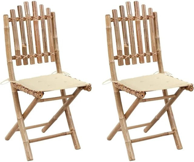 Furnicato Set aus 2 klappbaren Gartenstühlen aus Bambus mit cremeweißen Kissen, B/T/H: 50 x 42 x 92 cm, Kissen B/T/H: 40 x 40 x 3 cm - Bild 1