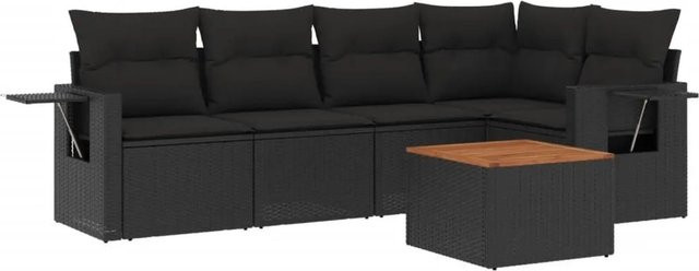 vidaXL 6-teilige Garten-Sofagarnitur aus Poly-Rattan und Akazienholz in Schwarz mit Kissen - Bild 1