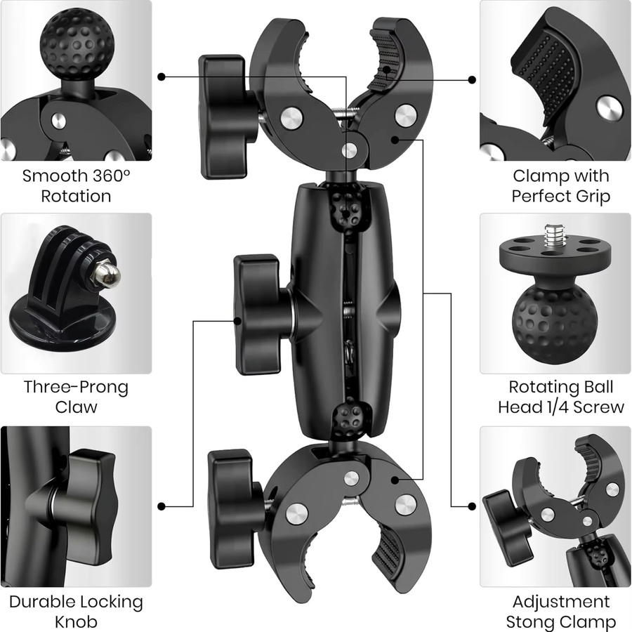 AKwing Motorrad-Halterung mit Verlängerungsstange und doppelseitiger Super-Klemme für Insta360 X2 X3 X4 X5 Action-Kameras, Schwarz - Bild 2