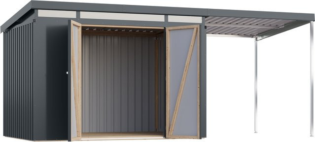 KARIBU Gerätehaus Mantis mit Anbaudach in Anthrazit, B/T/H: 497 x 209 x 213 cm - Bild 1