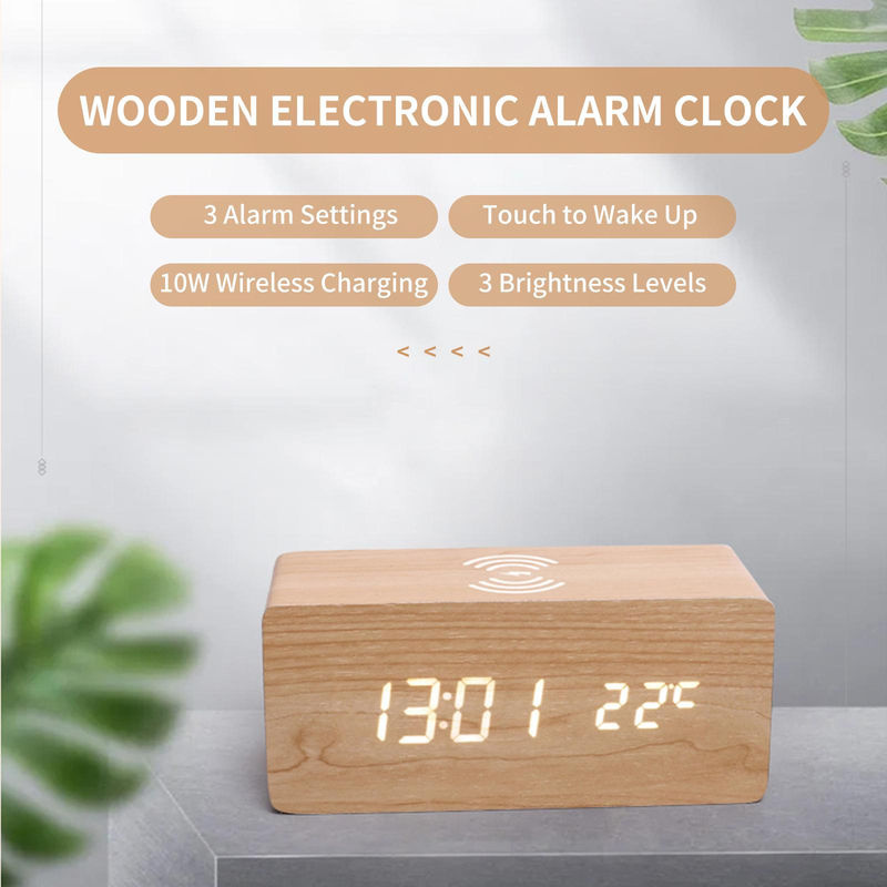 TOMTOP JMS Digitaler Wecker aus Holz mit LED-Anzeige, kabellosem Laden, Thermometer und Datumsanzeige, Braun, B/T/H: 16,8 x 7,2 x 7,2 cm - Bild 7