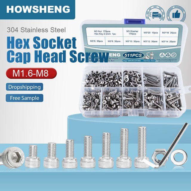 Howsheng Edelstahl 304 Innensechskantschrauben und Muttern Set mit Unterlegscheiben in verschiedenen Größen M1,6 bis M8 - Bild 1