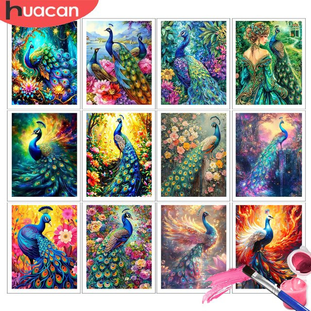 HUACAN Malen nach Zahlen Set mit Pfau und Rosenblüten auf Leinwand, Mehrfarbig, DIY Tiermotiv für Erwachsene - Bild 1