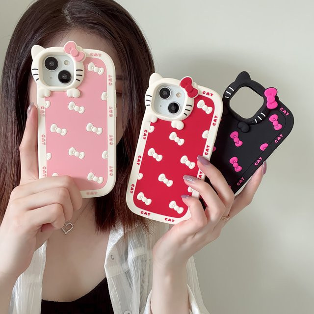 Sanrio Hello Kitty Handyhülle für iPhone mit Cartoon Schleifen Design in Rot, stoßfeste Rückseite - Bild 1