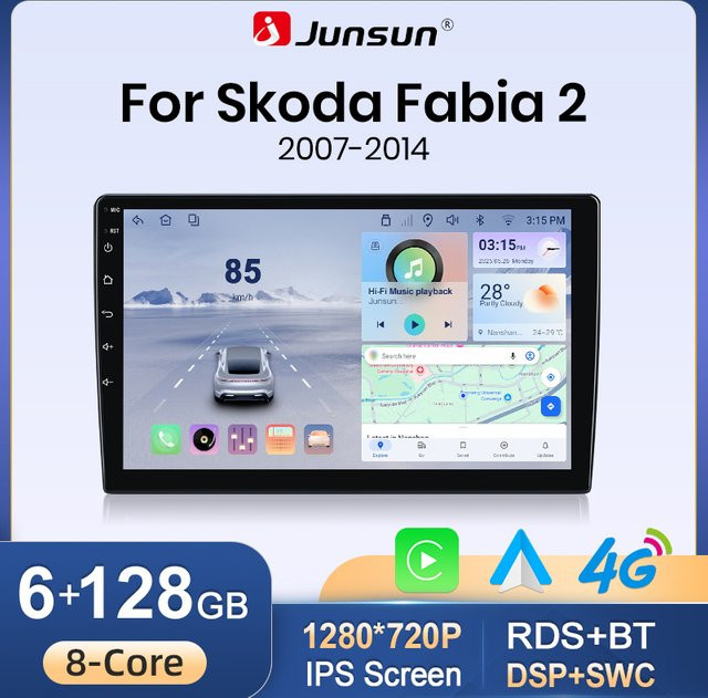 Junsun Wireless CarPlay und Android Auto Autoradio für Skoda Fabia Mk2 (5J) 2007-2014 mit 7 Zoll IPS-Touchscreen, GPS-Navigation, WiFi, Bluetooth und integriertem Lüfter in Schwarz - Bild 1