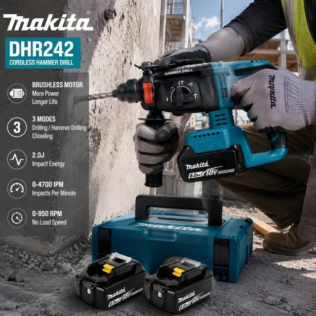 Makita DHR242 18V Bürstenloser Bohrhammer mit 18V 6Ah Akku, kabelloser Elektrobohrer für Beton mit 4700 IPM Schlagrate und 3-Modus Funktion - Bild 1