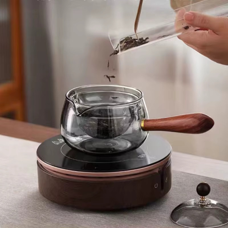 HeY LiLac Teekannen- und Teetassen-Set aus hitzebeständigem Borosilikatglas mit Holzgriff und Infuser in Rauchgrau - Bild 2