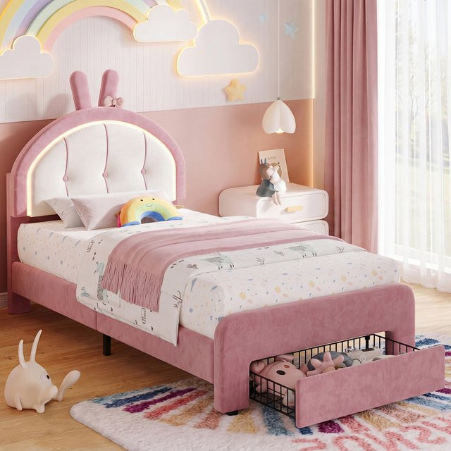 Rosahqnda Polsterbett für Kinder in Rosa mit Samtbezug, Kaninchen-Design, verstellbarem Kopfteil und LED-Beleuchtung, B/T/H: 90 x 200 cm - Bild 1