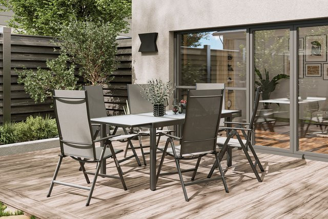 Villana Sylvania Garten-Essgruppe für 6 Personen mit ausziehbarem Tisch aus Aluminium und Textil in Anthrazit, Weiß und Grau - Bild 1
