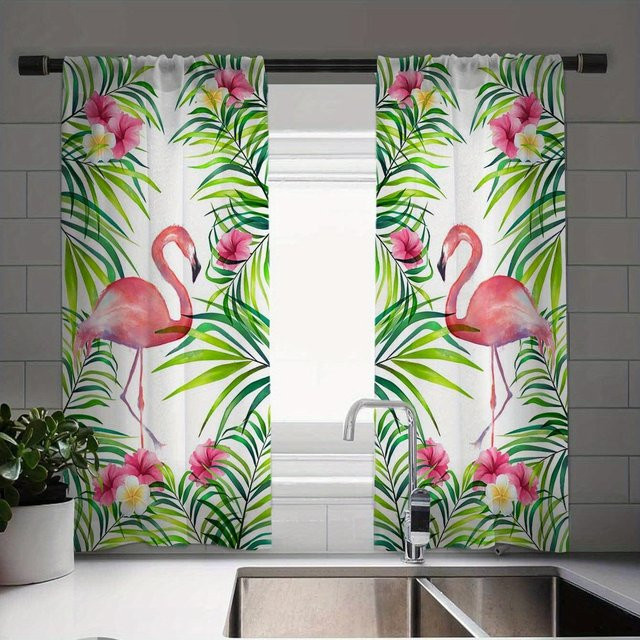 Yiran Furniture 2er-Set Vorhang mit Blumenmuster Tulpen und Flamingos, halbtransparent, Mehrfarbig, Breite: 100 cm, Höhe: 130 cm - Bild 1