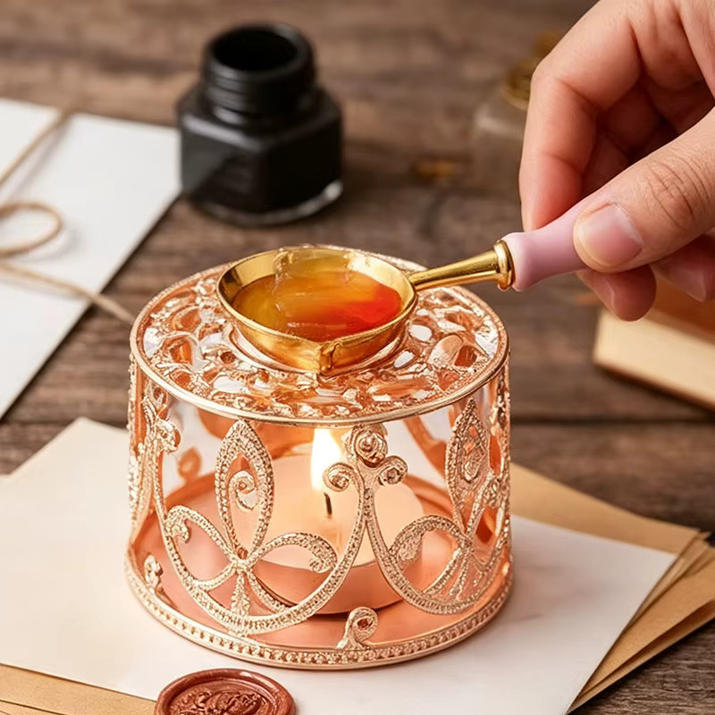 Vintage Wachsschmelzofen DIY Bastelset aus Metall in Gold zum Schmelzen von Kerzenwachs und Siegelwachs inklusive Löffel - Bild 3