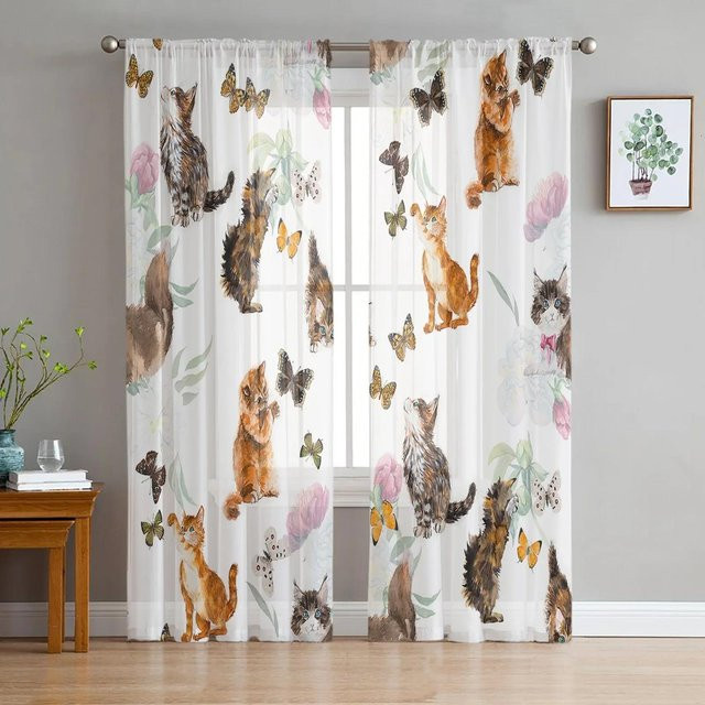Yiran Furniture Transparentes Tüll-Fensterdekoration mit Katzen-Motiv, Organza Voile Vorhang, Farbe: Mehrfarbig, Breite: 135 cm, Höhe: 137 cm - Bild 1