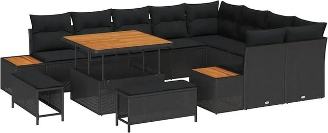 vidaXL Garten-Sofa-Set aus Poly Rattan und Akazienholz mit Kissen, 12-teilig, Schwarz - Bild 1
