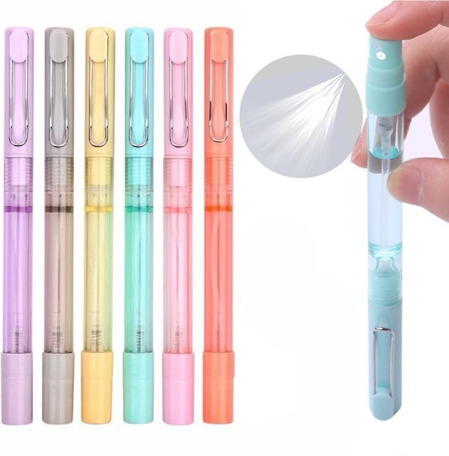 6er Set bunte Gel-Kugelschreiber mit integrierter Spray-Flasche für Desinfektionsmittel oder Parfüm aus Kunststoff - Bild 1