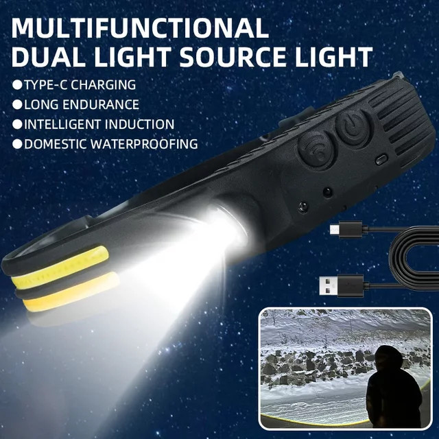ESMARTER LED Stirnlampe mit USB-Aufladung und integriertem Sensor, Schwarz - Bild 1