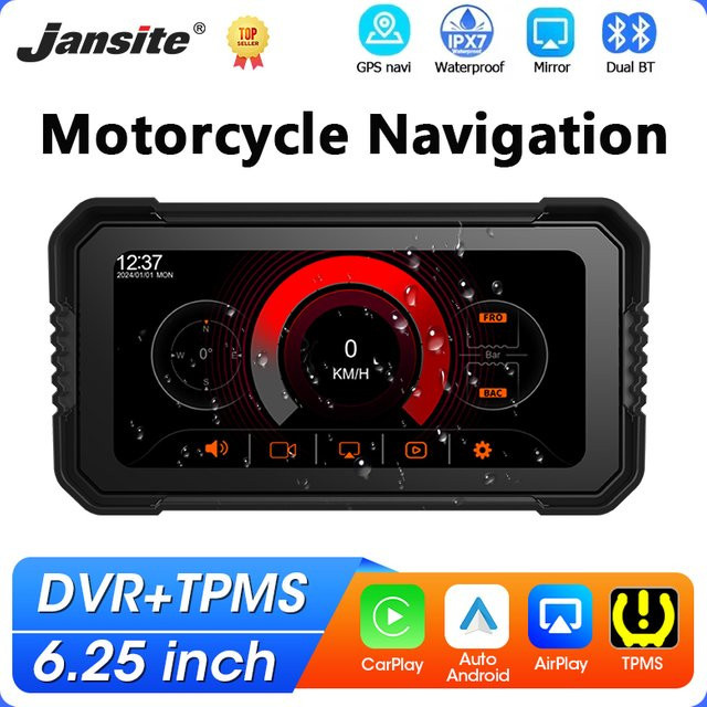 Jansite Tragbarer 6,25 Zoll Motorrad DVR mit Carplay, IPS-Touchscreen, GPS-Navigation und TPMS-Unterstützung, Schwarz, IPX7 wasserdicht - Bild 1