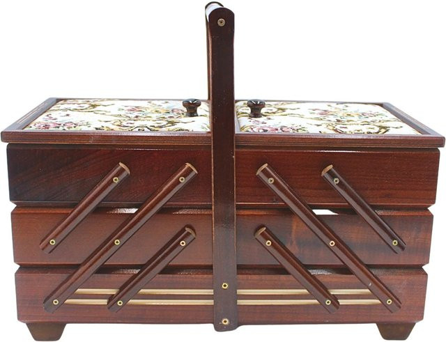 Dekohelden24 Nähkästchen aus Furnierholz mit Stoffbezug Rosenmotiv in Braun, B/T/H: 42 x 20 x 21 cm - Bild 1