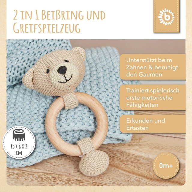 Bieco Greifling Holz Natur Gehäkelt Rassel Bär, ab 0 Jahre - Bild 1