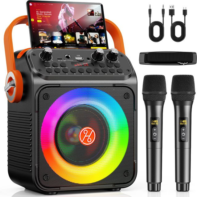 FanFun Tragbare Bluetooth Karaoke-Maschine mit 2 kabellosen Mikrofonen und LED-Lichtern in Schwarz, unterstützt USB, TF, REC, FM und AUX - Bild 1