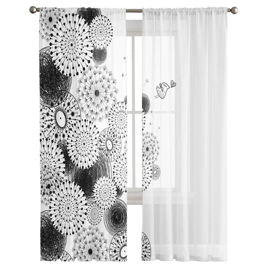 Yiran Furniture Transparentes Tüll-Fensterdekoration mit Löwenzahn-Blumenmuster in Schwarz und Weiß, Organza-Vorhang für Wohnzimmer, Schlafzimmer und Küche, Breite: 135 cm, Höhe: 160 cm - Bild 1