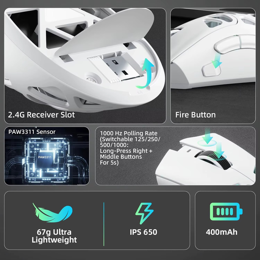 AULA Gaming-Maus SC620 in Weiß mit PAW3311 Sensor, 12.000 DPI, kabelfreie Verbindung via Bluetooth oder 2,4G sowie kabelgebundene Option, leichtgewichtiges PC-Gaming-Zubehör - Bild 4