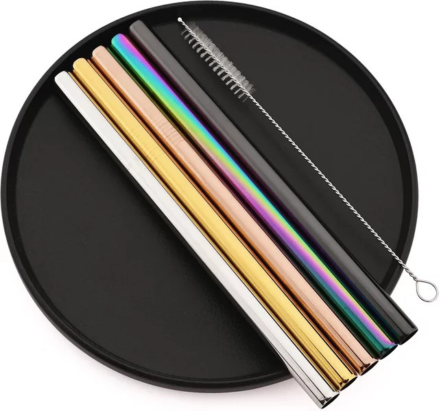 Zoseil Edelstahl Trinkhalm Set, 5 Stück gerade Strohhalme in Silber und Multicolour, Breite: 12 mm - Bild 1