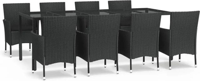 vidaXL 9-teilige Garten-Essgruppe aus Poly Rattan mit Kissen und Hartglas in Schwarz - Bild 1