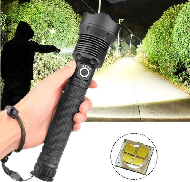 KENSUN Taktische LED-Taschenlampe in Schwarz, USB wiederaufladbare Outdoor-Handlampe mit Zoom für Camping und Angeln - Bild 1