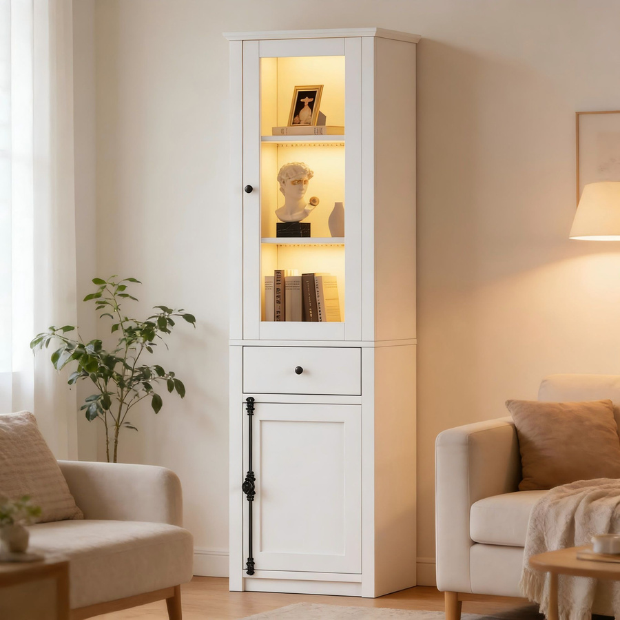 Moderne Vitrine mit LED-Beleuchtung in Weiß, ausgestattet mit Glastüren, Regalböden und einer Schublade, B/T/H: 55 x 40 x 200 cm - Bild 2