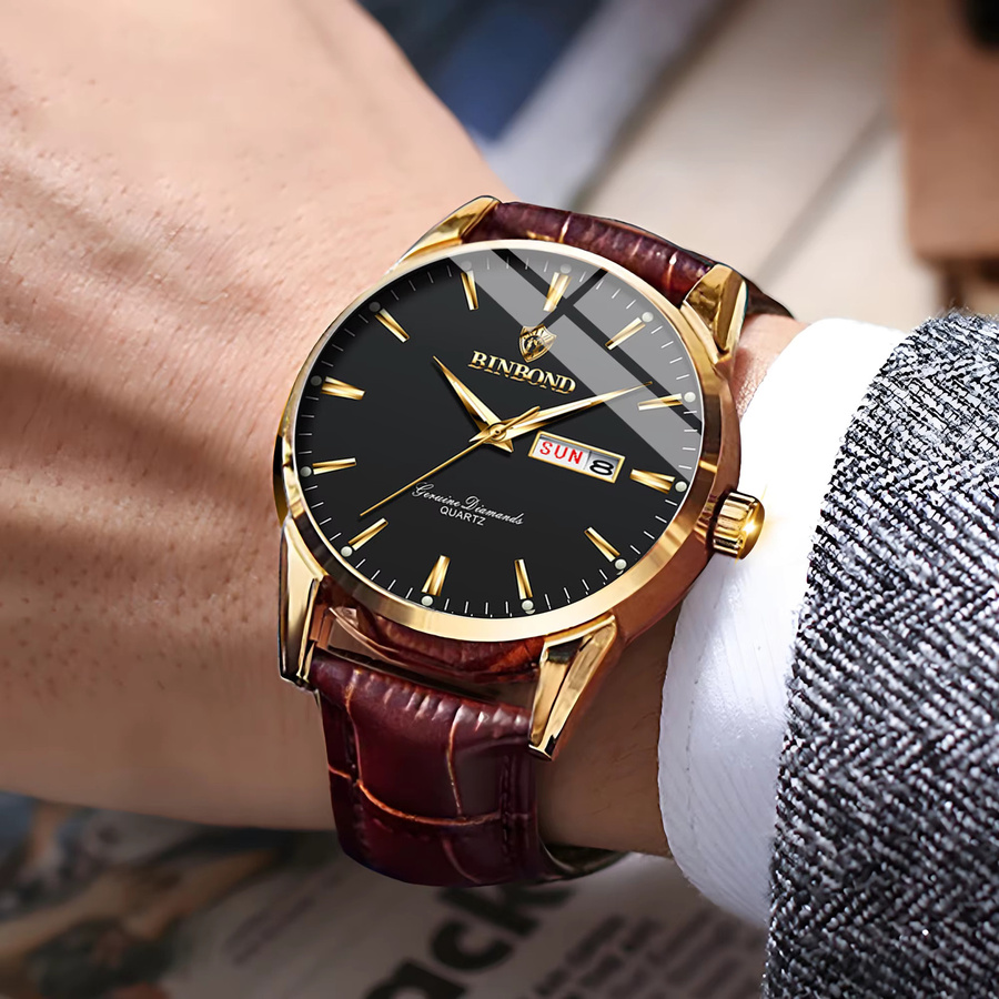 BINBOND Armbanduhr Quarz, Leder, Schwarz, Gold, Herren - Bild 2