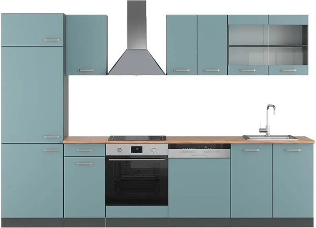 Vicco R-Line Küchenzeile modern in Blau-Grau und Anthrazit mit Eiche-Optik, Breite: 300 cm, Höhe: 207 cm, Tiefe: 60 cm - Bild 1