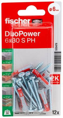 Fischer DuoPower Dübel Set aus Nylon, Farben: Grau, Rot, Mehrfarbig, Durchmesser: 6 mm, Länge: 30 mm - Bild 1