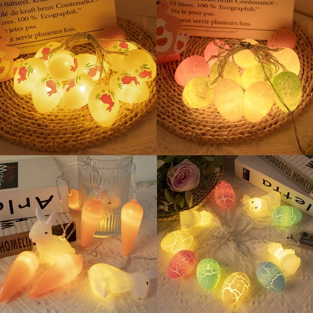 WEIGAO Oster-LED-Lichterkette mit Häschen, Karotten, Küken und Eiern in Mehrfarben und Warmweiß, 1,5 m Länge - Bild 1