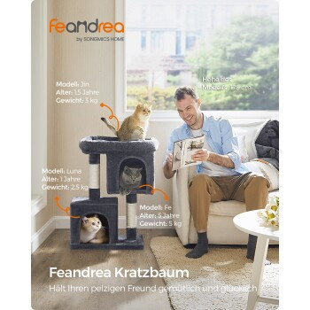 FEANDREA Kratzbaum mit 2 Katzenhöhlen und Sisalstämmen, Farbe: Grau/Beige, Höhe: 74 cm - Bild 2