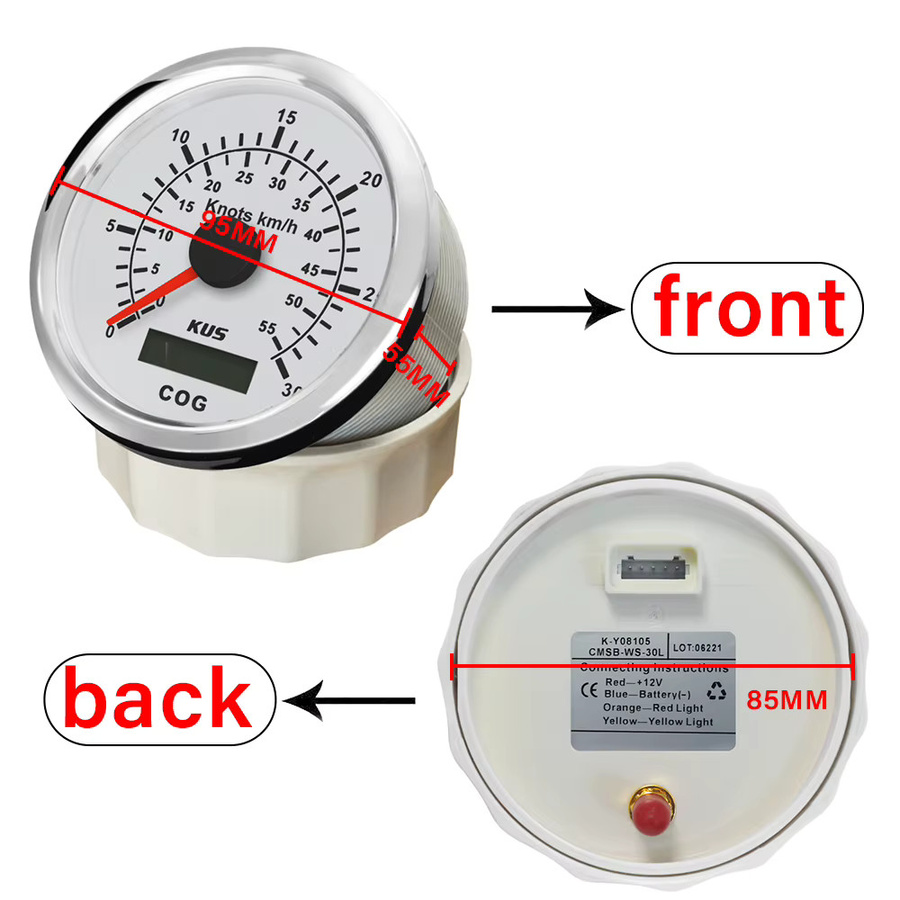 KUS Universal GPS-Tachometer mit Kursanzeige für Boote und Yachten, 15-60 Knoten, rot-gelbe Hintergrundbeleuchtung, 85 mm - Bild 4