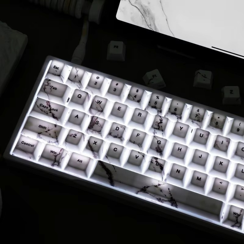 Marmor 3.0 PBT Sublimation Tastenkappen mit Cherry Top Side Translucent Design für mechanische Tastaturen, 130 Stück, Weiß - Bild 3