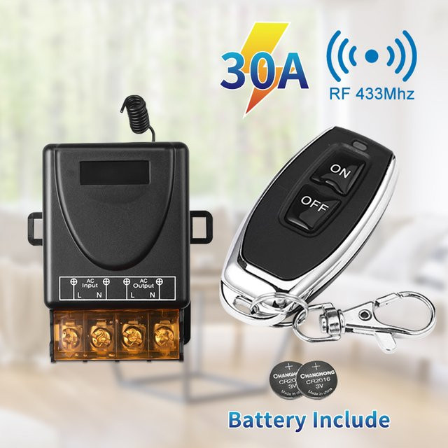 GGBEE Drahtloser RF 433 MHz Fernbedienungsschalter AC 75-220V 30A mit DC 12V Sender und Ein-Aus-Taste in Schwarz - Bild 1