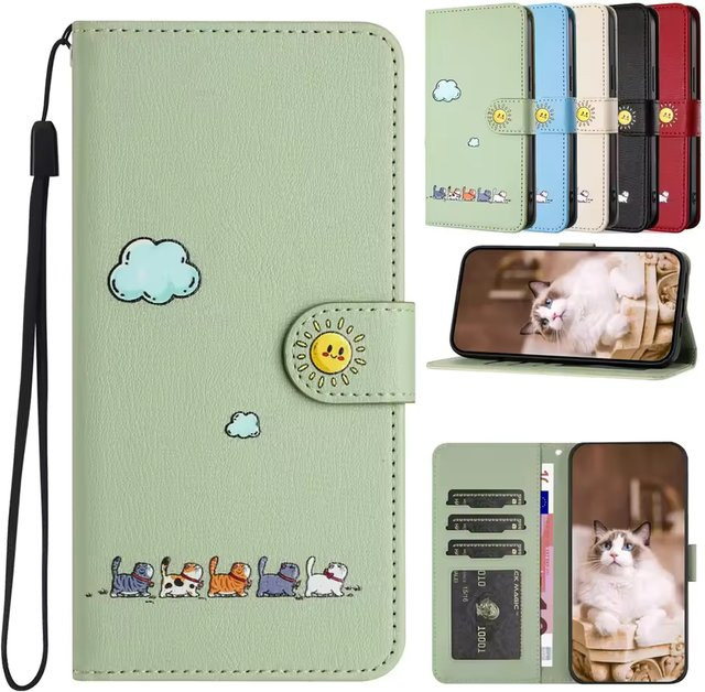 HKNR Leder Handyhülle mit Katzen-Design als Brieftasche für Samsung Galaxy S25 S24 S23 S22 S21 S20 Ultra Plus FE A16 A26 A36 A56 in Schwarz oder Grün - Bild 1