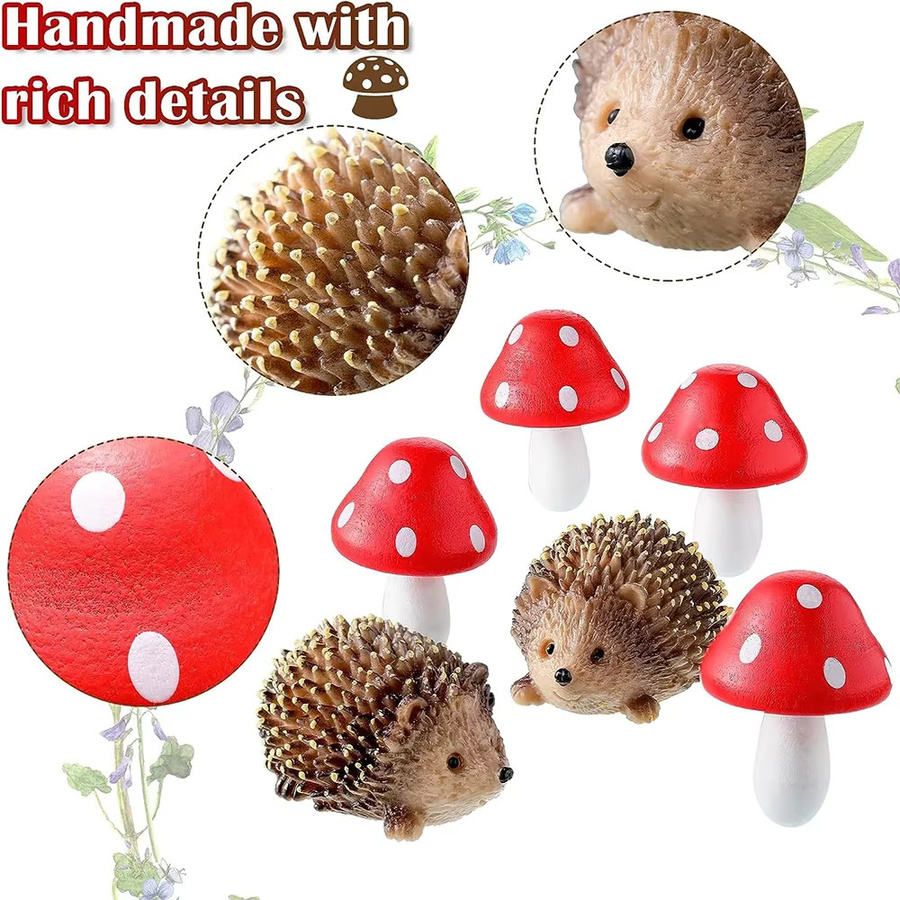 MICROUND Outdoor Fairy Wild Garden Deko-Set mit Igel aus Harz und Holz-Pilzen in Mehrfarbig für Bonsai und Pflanzen-Miniaturen - Bild 3