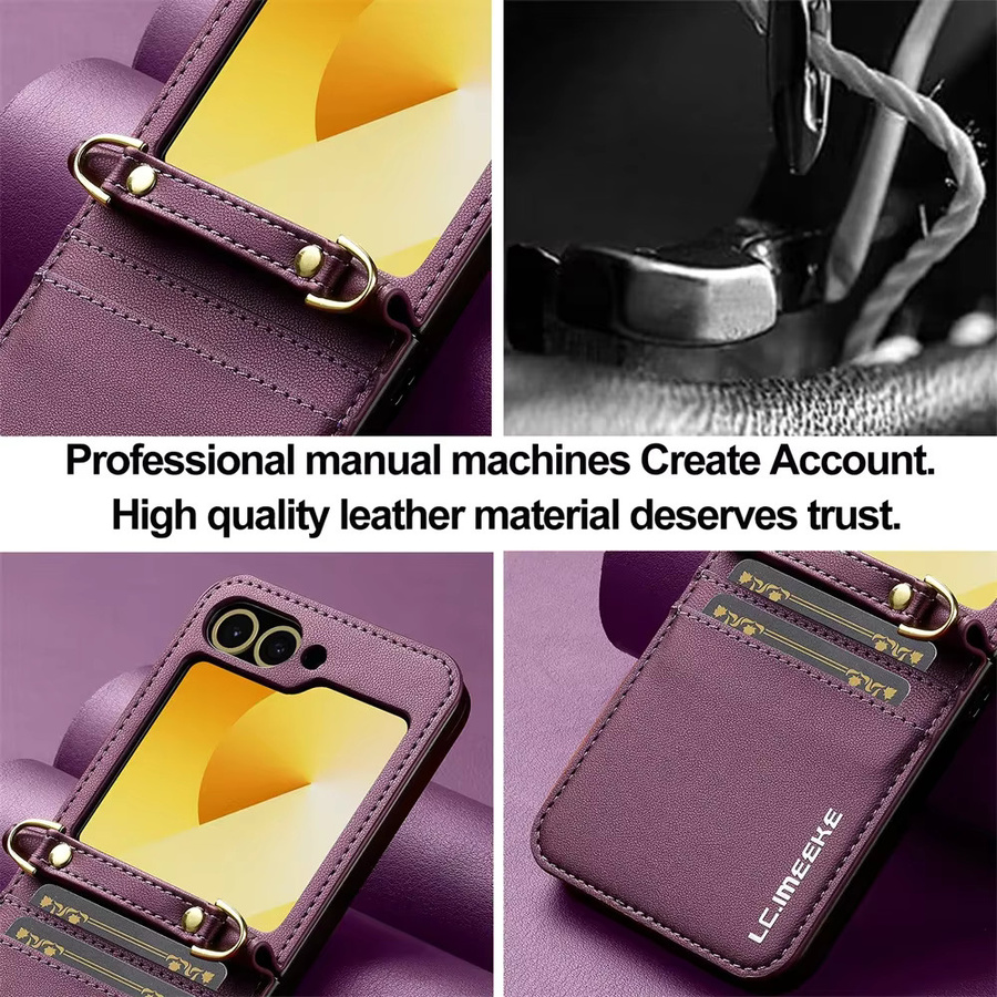 Lederne Crossbody-Geldbörsenhülle für Samsung Galaxy Z Flip 8 7 FE 6 5 4 3 5G mit Kartenhalter, Handschlaufe und Lanyard in Purple - Bild 2