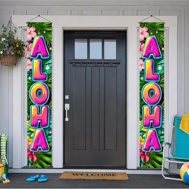 VIKAMA Sommer-Torbanner mit Blumenmuster als hängende Außendekoration für Veranda und Strandparty, Mehrfarbig, B: 30 cm, H: 180 cm - Bild 1